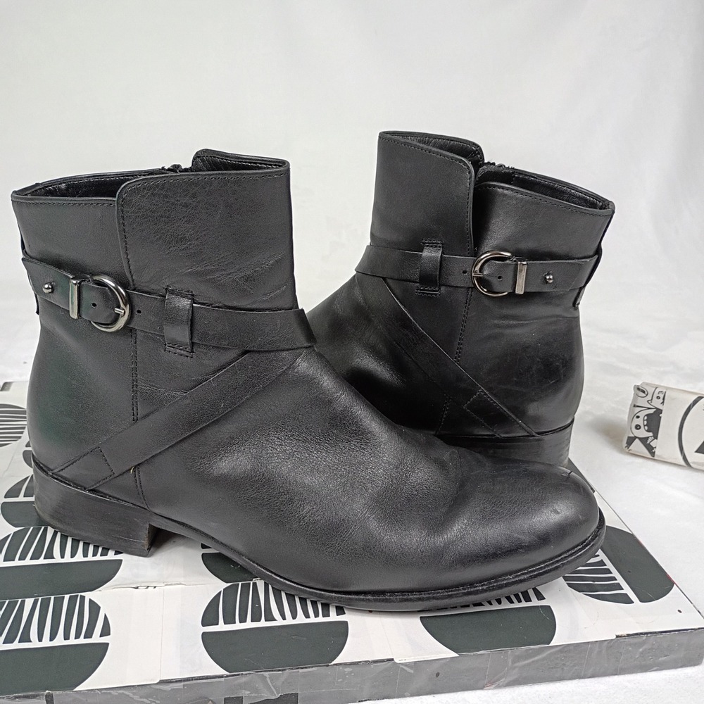 Gabor‎ Black Leather Buckle Strap Ankle Boots Side Zip Low Block Heel Size 7.5